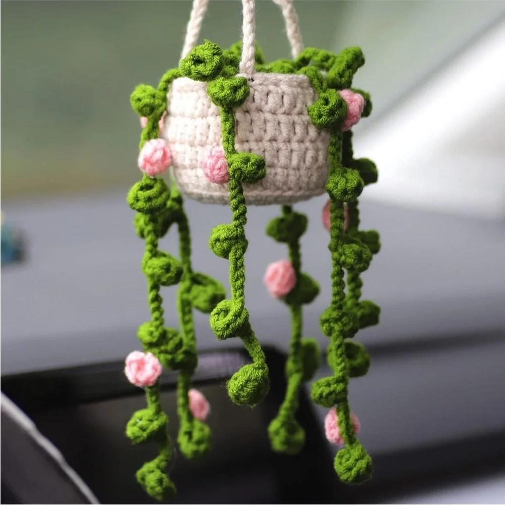 Handmade Woven Flower Vine Plant Pot Yarn Knit Car Mirror/Wall Hanging Accessory - Picture 2 of 6